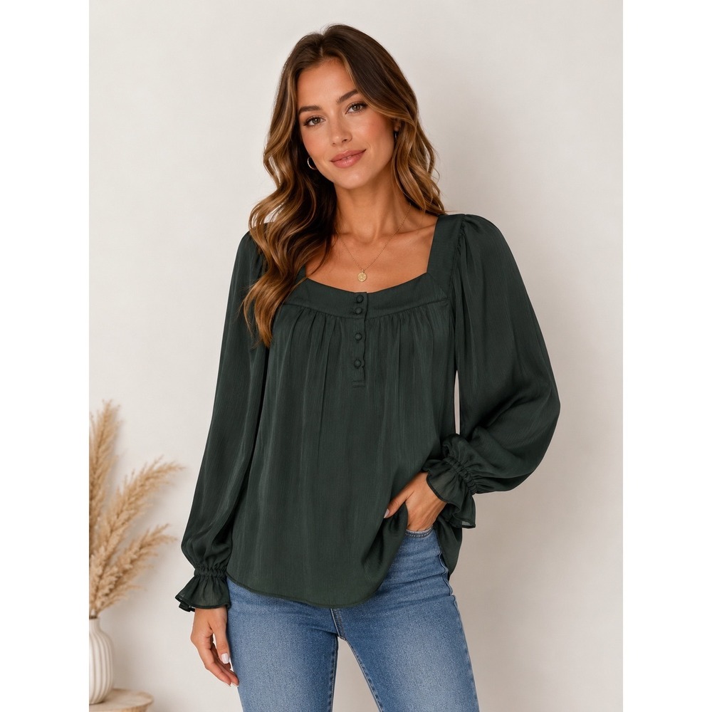 LC Lauren Conrad Green Sheer Peasant Blouse long Sleeve Cottagecore Boho M
